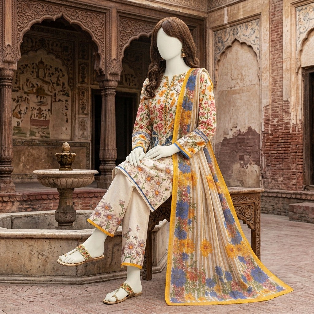 A mannequin seated, highlighting a vibrant multi-colored floral printed 3-piece unstitched lawn suit.