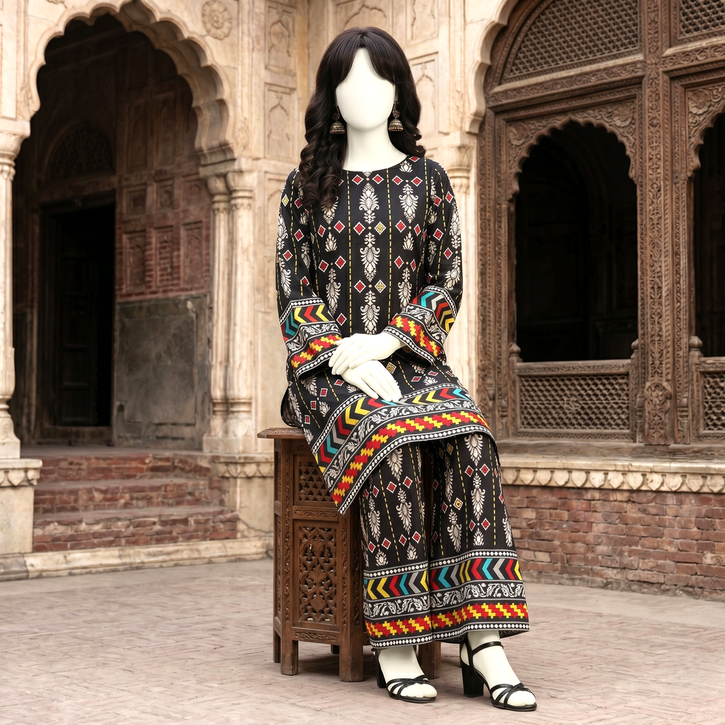 Seated view of black premium printed cotton lawn 2-piece unstitched suit.