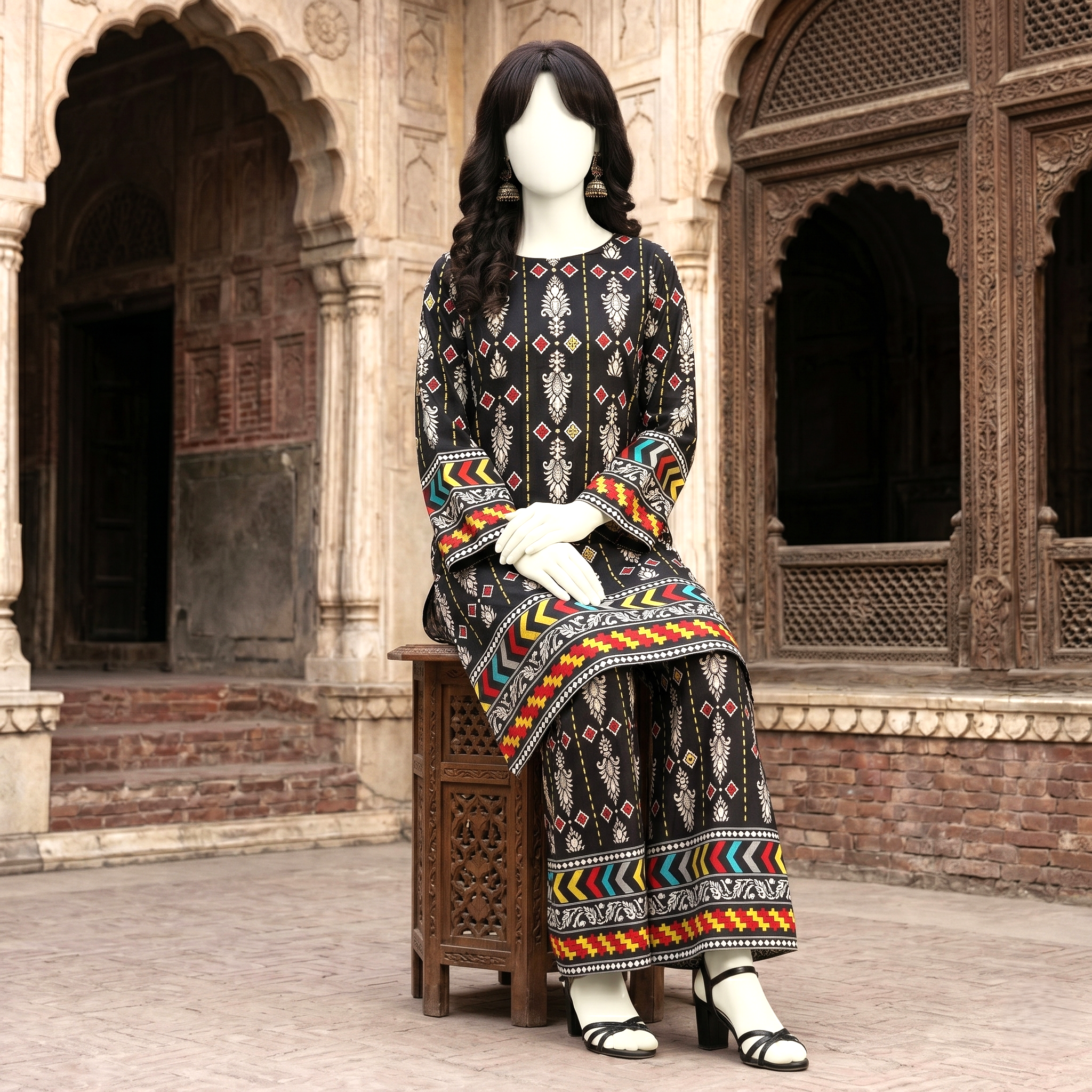 Seated view of black premium printed cotton lawn 2-piece unstitched suit.