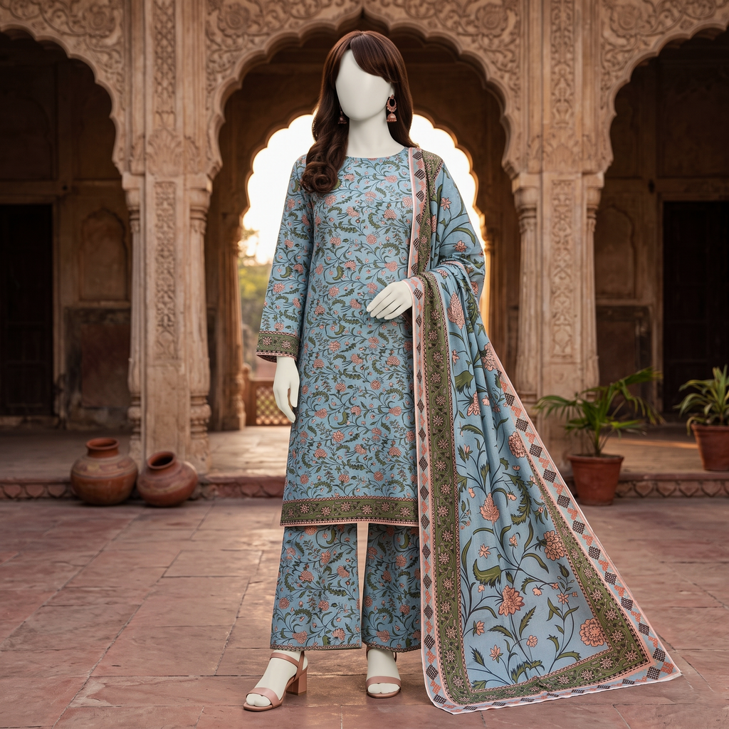 Front view of a mannequin showcasing a sky blue floral printed 3-piece unstitched lawn suit at ZH2 Store.