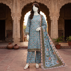 Front view of a mannequin showcasing a sky blue floral printed 3-piece unstitched lawn suit at ZH2 Store.