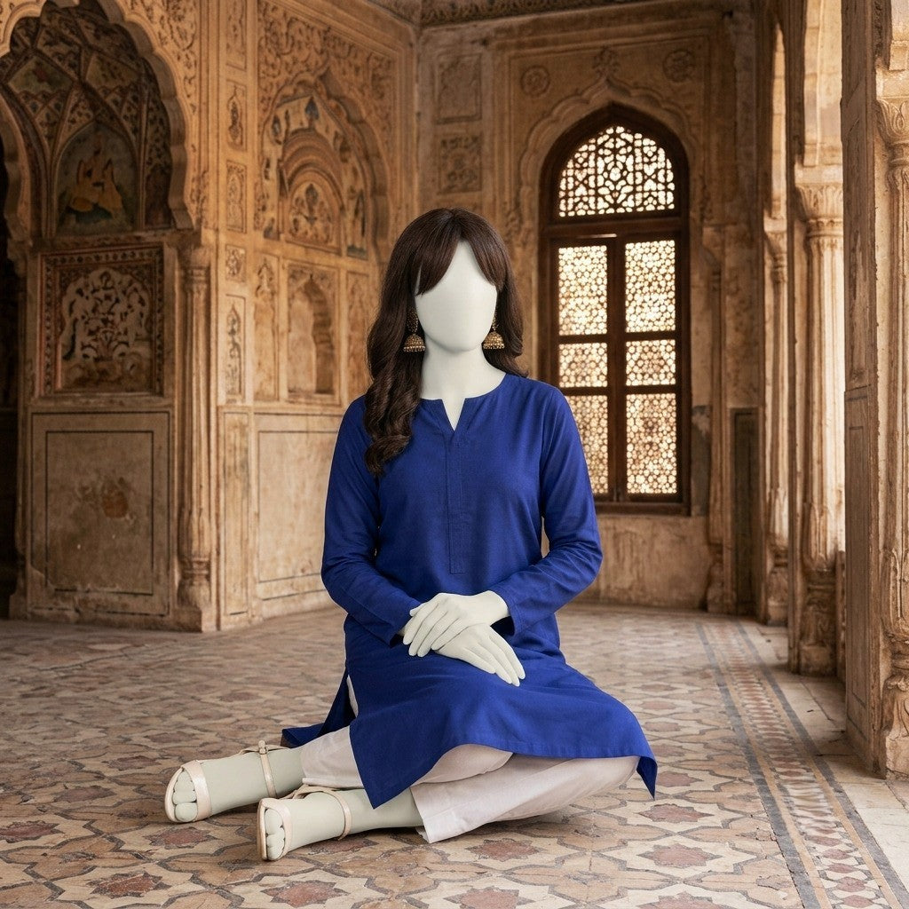 A mannequin wearing a  3-piece unstitched lawn suit.