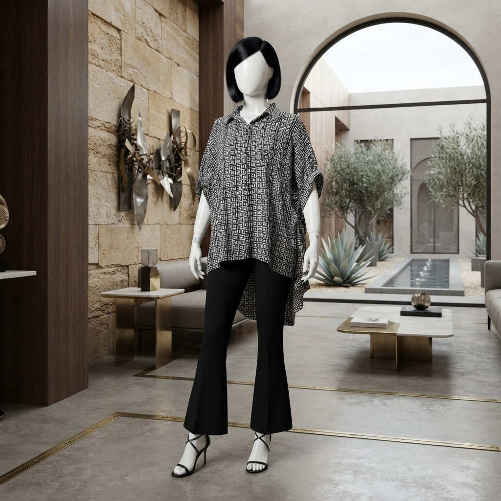 Contemporary monochrome geometric print baggy shirt, styled on a mannequin in a modern interior design setting.
