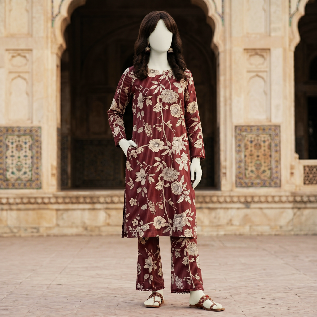 Full length of 4.3-meter cotton silk unstitched fabric for shirt and trousers, floral pattern.