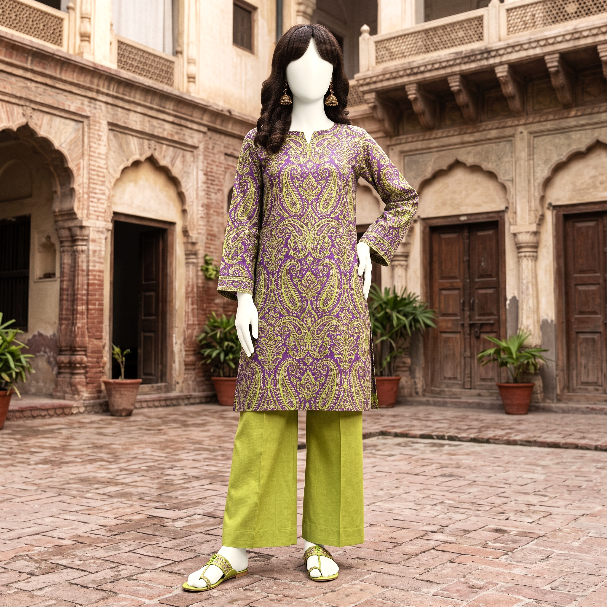 Mannequin styled in a vibrant purple and green paisley print 2-piece unstitched lawn suit with matching trousers at ZH2 Store.