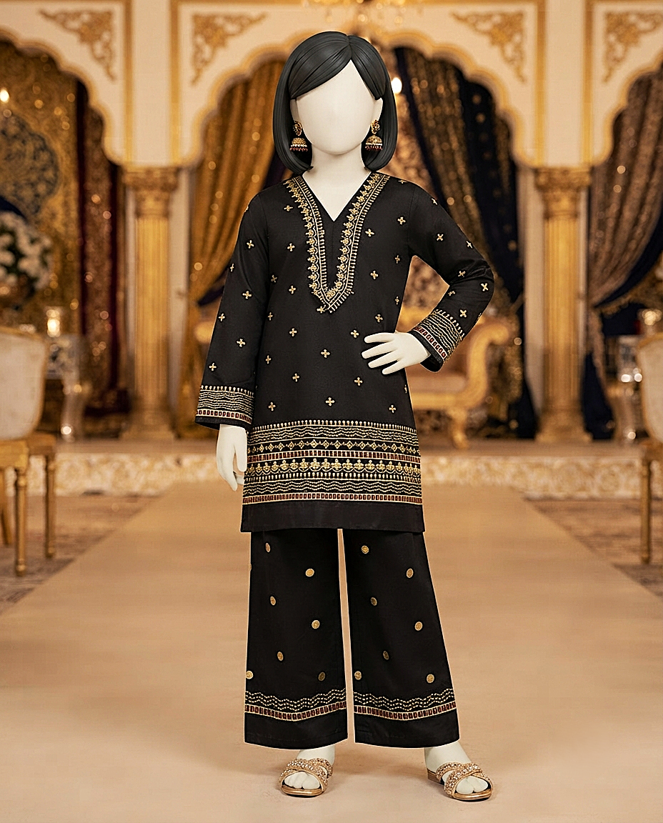 Kids 2-Piece Black and Gold Embroidered Unstitched Lawn Suit displayed on a standing mannequin