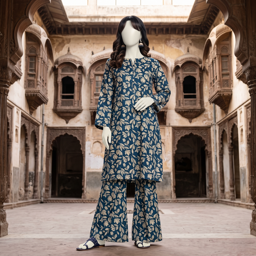 Front view of a mannequin showcasing a deep teal blue leaf-patterned 3-piece unstitched lawn suit at ZH2 Store.
