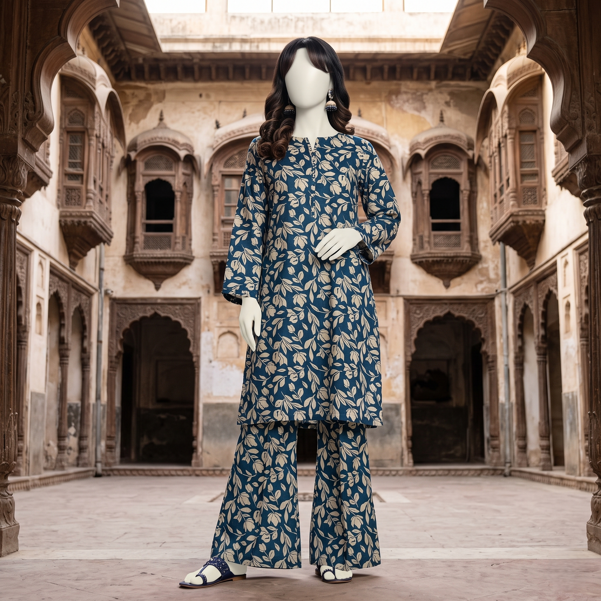 Front view of a mannequin showcasing a deep teal blue leaf-patterned 3-piece unstitched lawn suit at ZH2 Store.