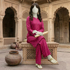 Close-up of pink printed cotton fabric, 2-piece unstitched suit, suitable for versatile ethnic wear tailoring.