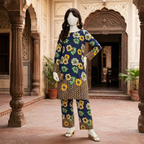 Mannequin wearing a deep blue 2-piece unstitched suit with vibrant floral print and traditional border, high-quality breathable cotton silk.