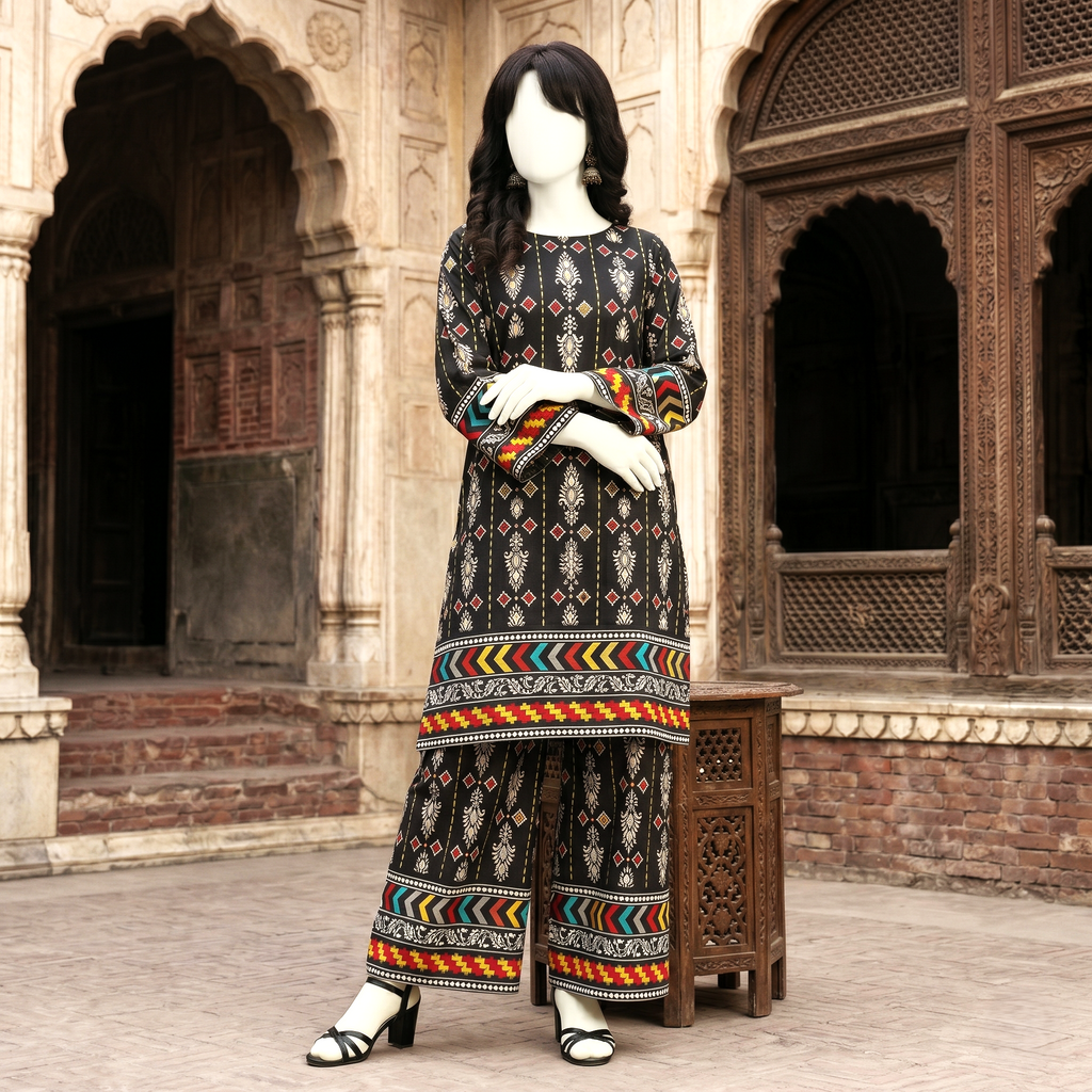 Full view of black printed cotton lawn suit showing detailed patterns and border.