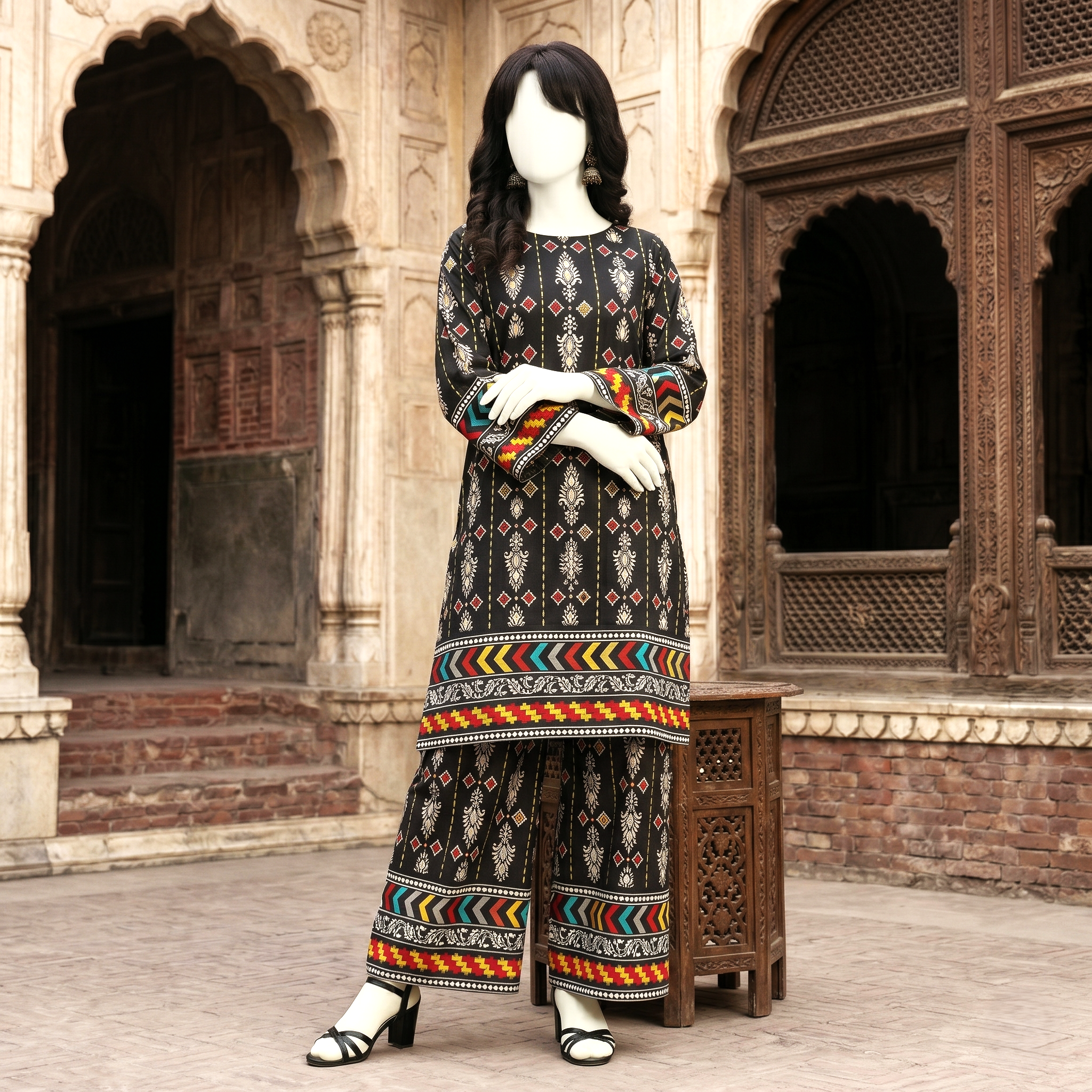 Full view of black printed cotton lawn suit showing detailed patterns and border.