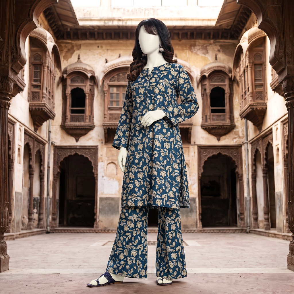 Side view of the teal blue unstitched lawn suit, highlighting the sophisticated leaf-print pattern by ZH2 Store.