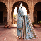 Side profile of the sky blue 3-piece unstitched lawn suit, highlighting the elegant floral patterns by ZH2 Store.