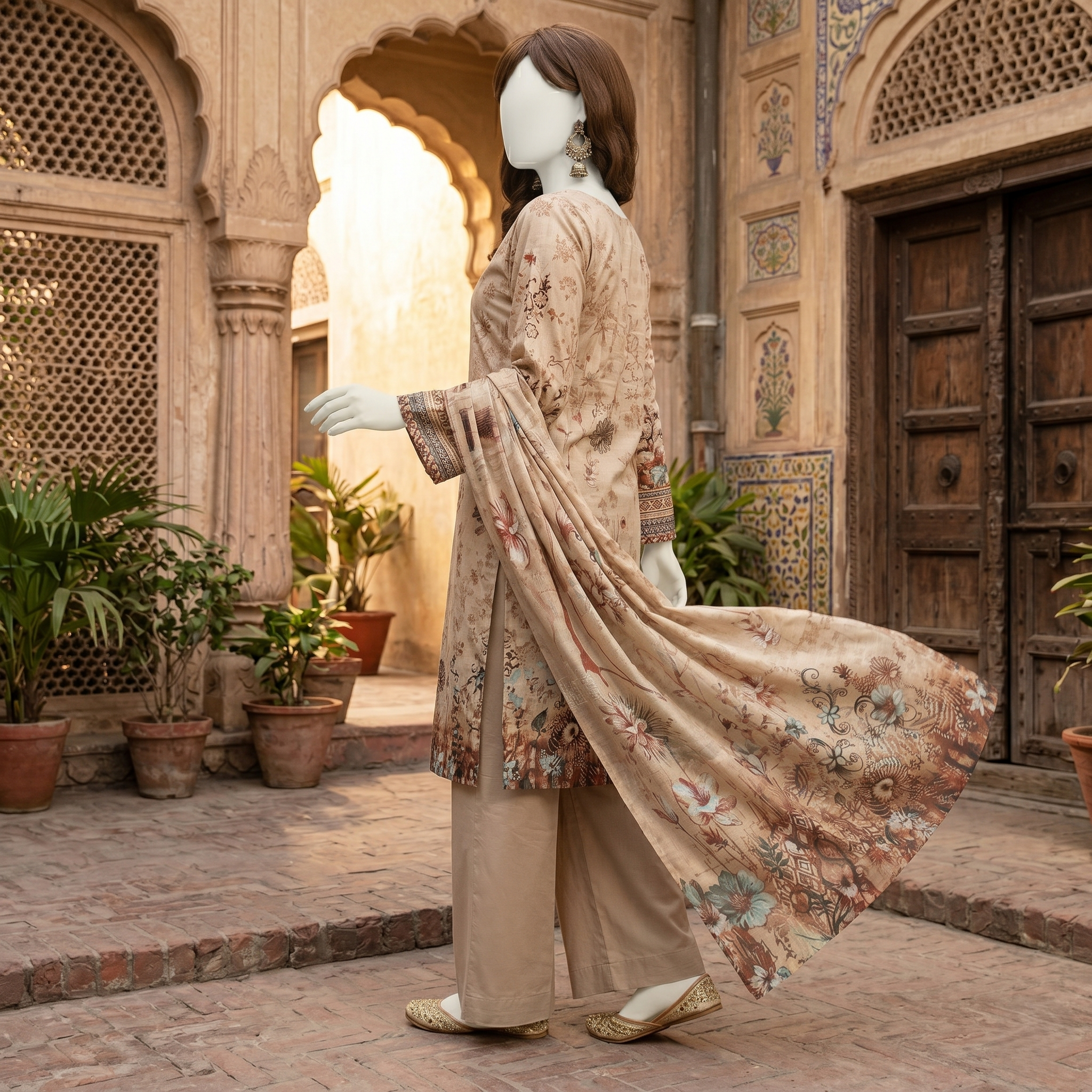 ZH2 Store 3-piece unstitched printed lawn suit with floral patterns on a mannequin.