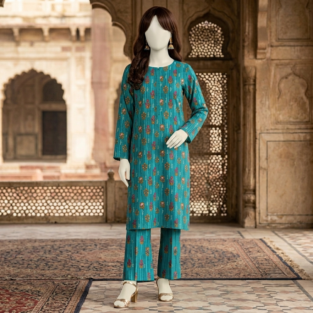 "Woman wearing premium cotton-silk unstitched 2-piece suit in from ZH2 Store"