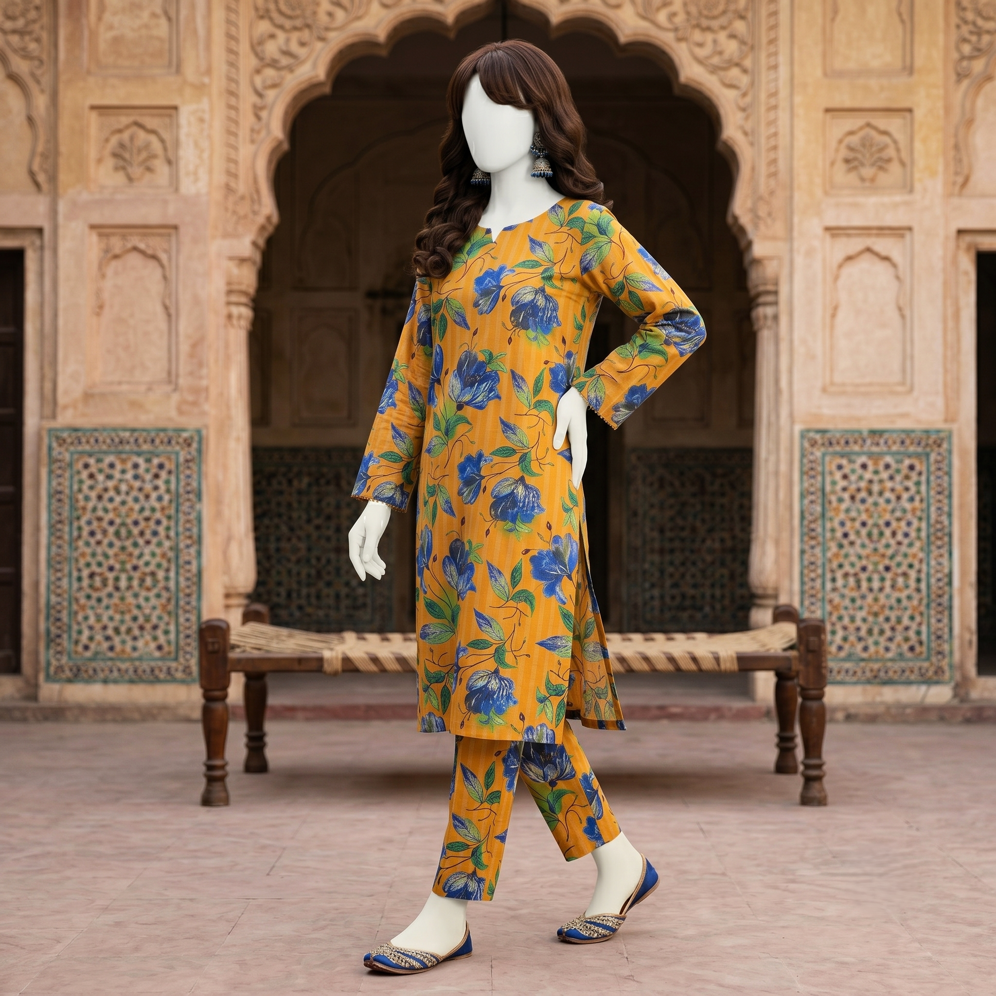 ZH2 Store premium 2-piece unstitched cotton silk suit with floral print.