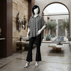 Contemporary monochrome geometric print baggy shirt, styled on a mannequin in a modern interior design setting.