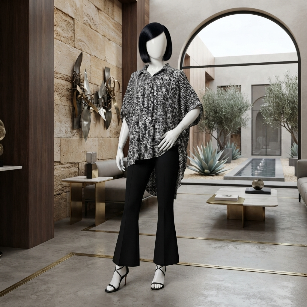 Contemporary monochrome geometric print baggy shirt, styled on a mannequin in a modern interior design setting.
