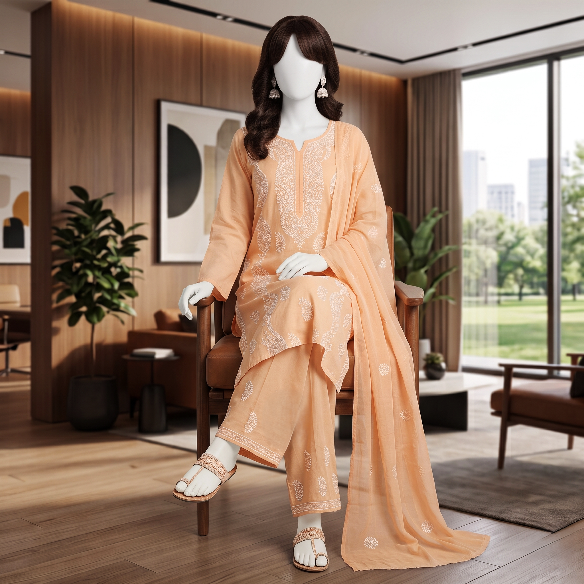 Elegant 3-piece unstitched lawn suit with colorful intricate embroidery on the shirt and trousers, paired with a matching embroidered dupatta, displayed on a mannequin.
