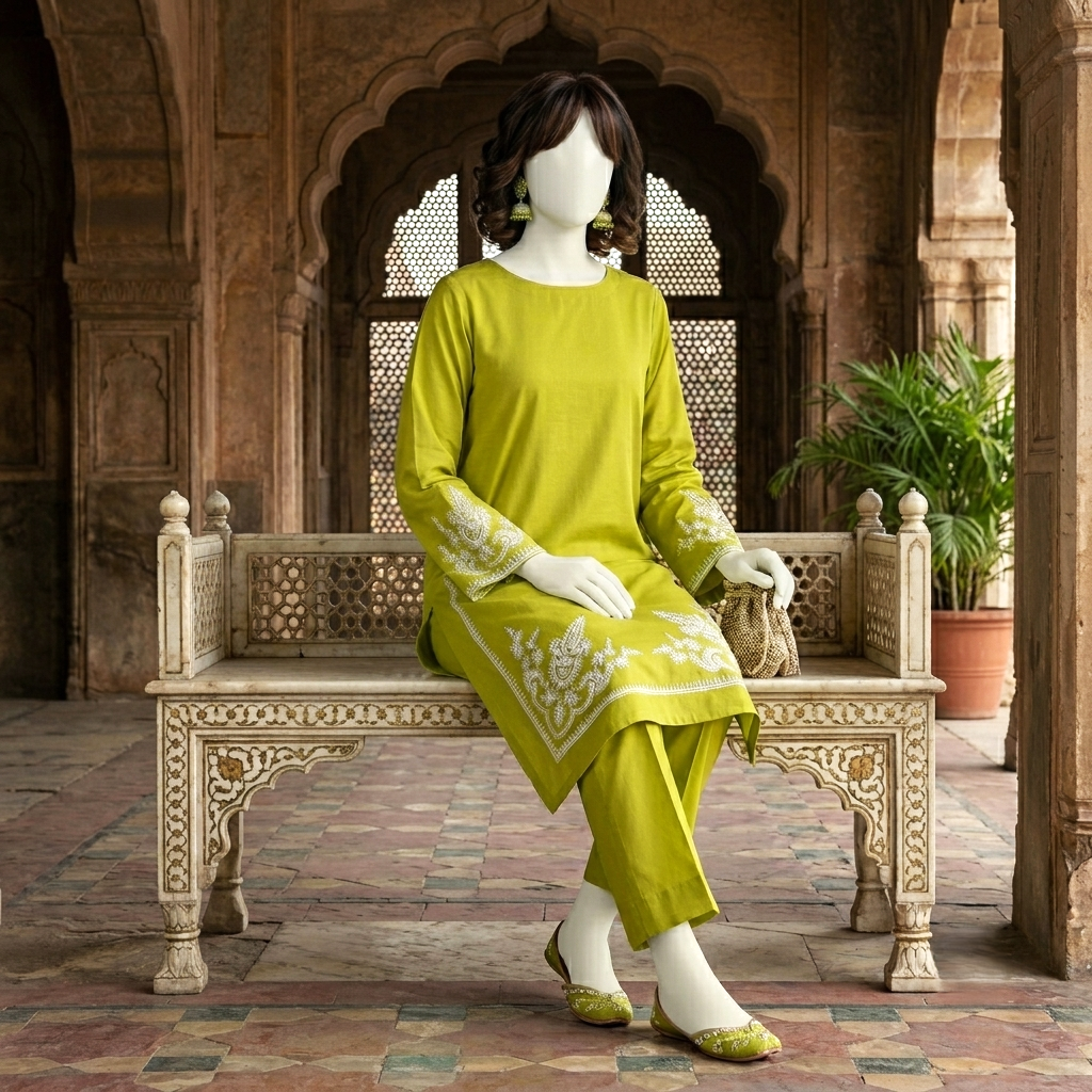 Premium 2-piece embroidered unstitched lawn suit collection by ZH2 Store, featuring a 1.2-meter embroidered shirt and 2.2-meter trouser fabric with intricate ethnic designs displayed on a mannequin.