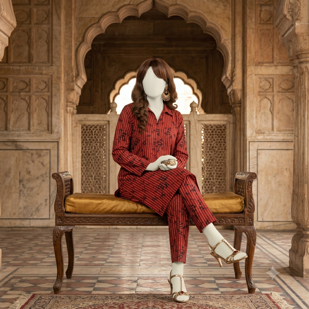 "view of an unstitched red floral cotton 2-piece suit - ZH2 Store"