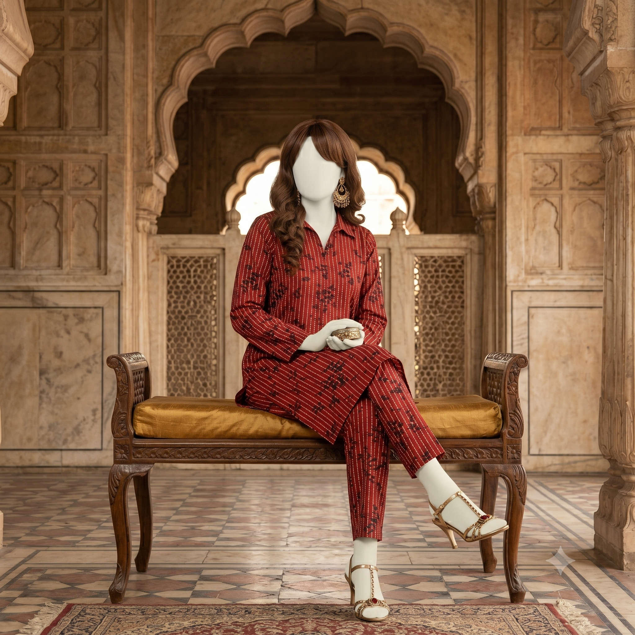 "view of an unstitched red floral cotton 2-piece suit - ZH2 Store"