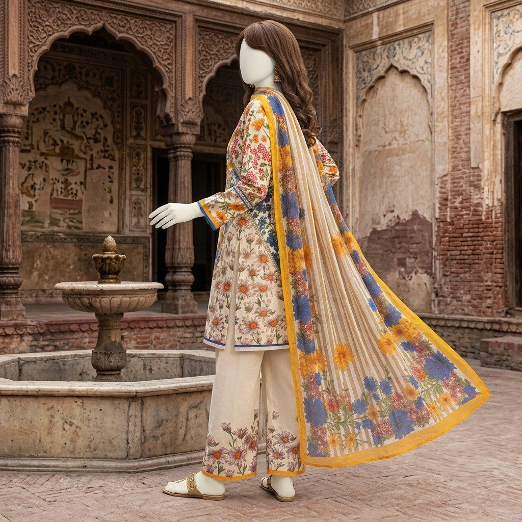 A mannequin seated, highlighting a vibrant multi-colored floral printed 3-piece unstitched lawn suit.