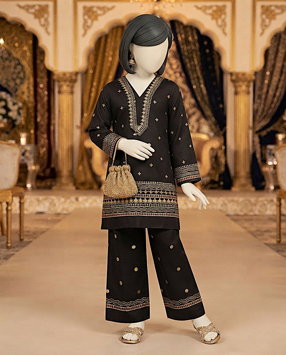 Detailed view of kids unstitched black lawn outfit highlighting gold neckline and sleeve embroidery