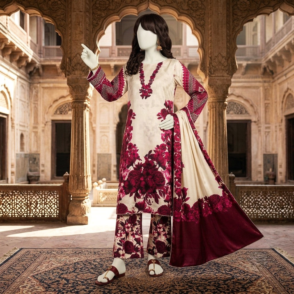 A full-length view of the cream and maroon floral silk 3-piece suit, emphasizing the intricate design and sophisticated cut.