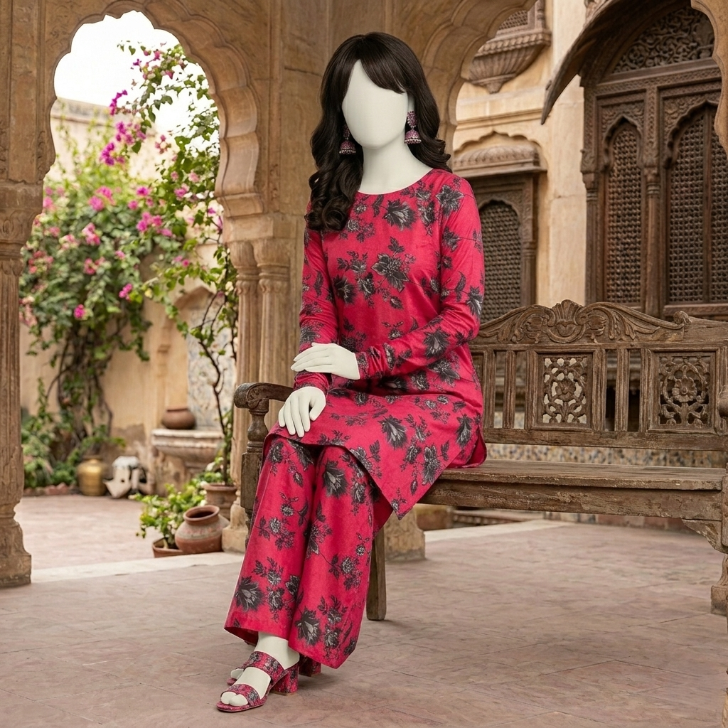"Woman wearing a premium cotton-silk unstitched 2-piece suit with vibrant floral prints from ZH2 Store."