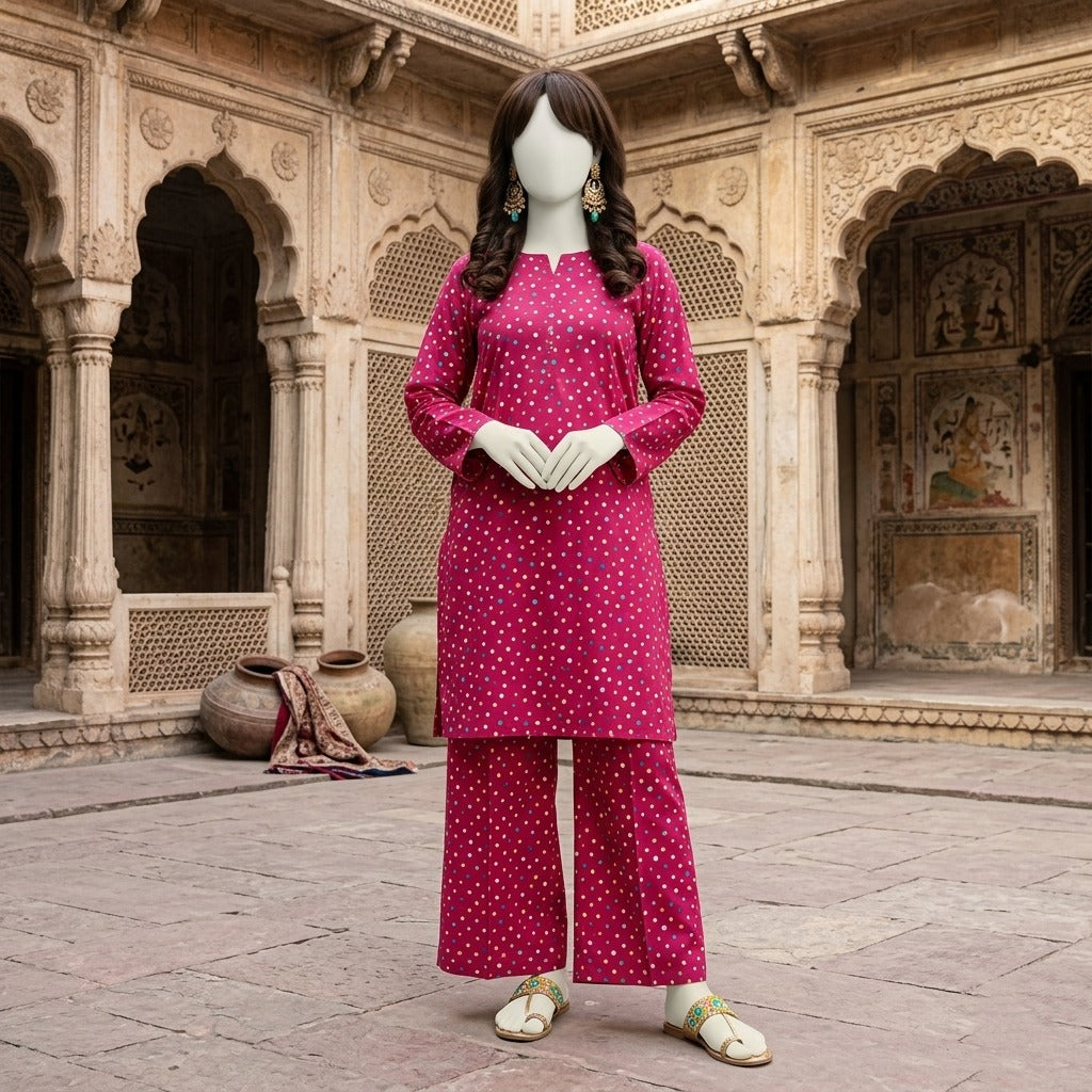 Mannequin display of a pink unstitched cotton suit with polka dot print, high-quality fabric from ZH2 Store.