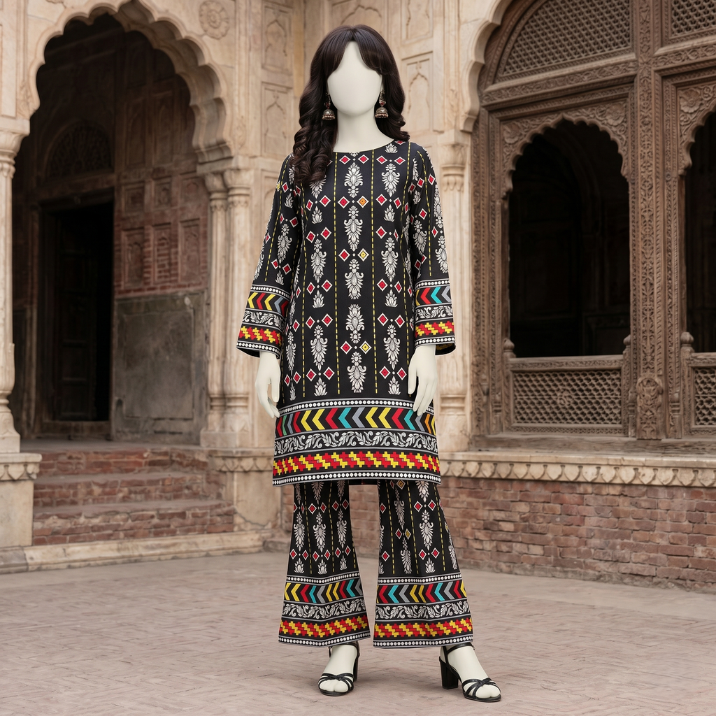Front view of black printed cotton lawn unstitched suit for women.