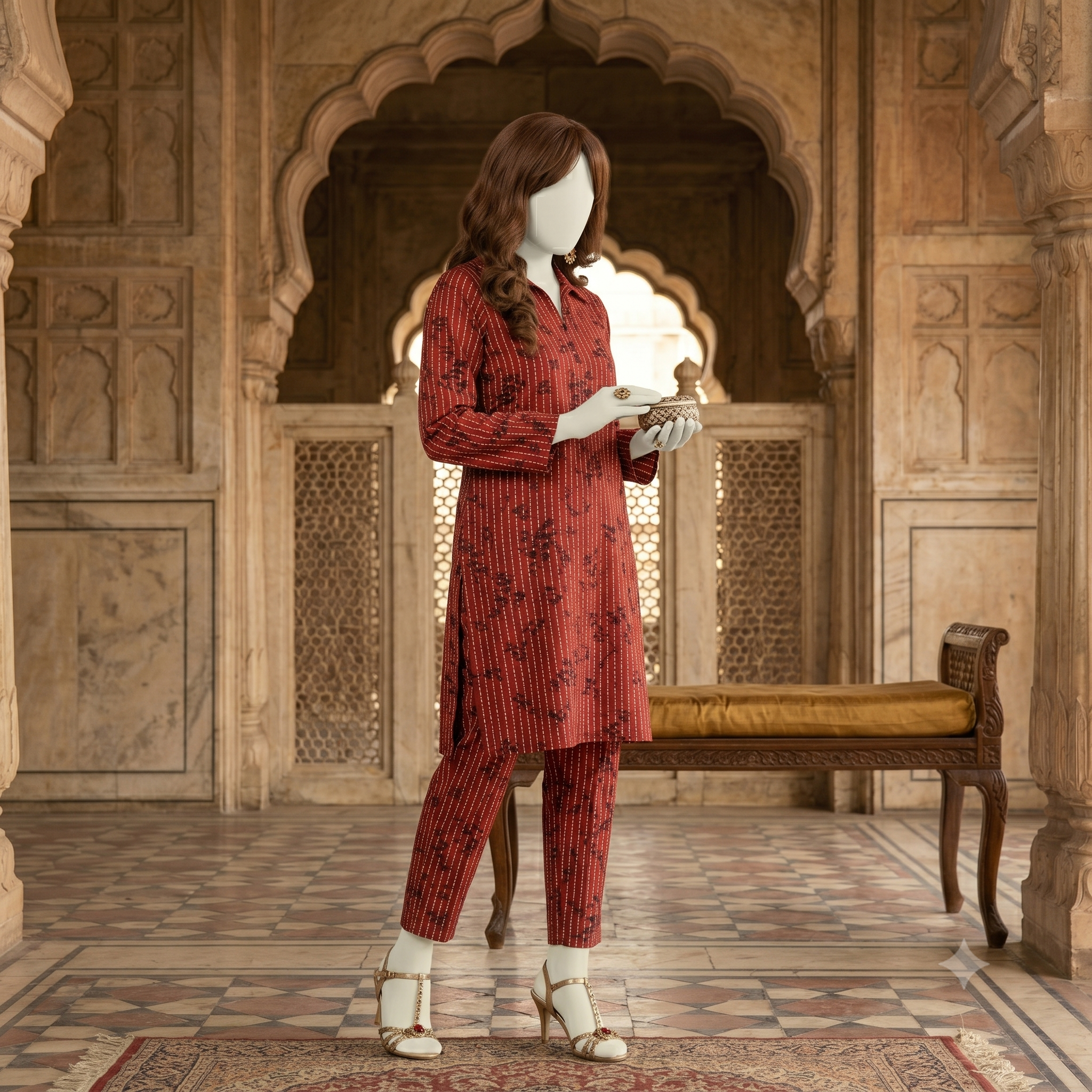 "view of an unstitched red floral cotton 2-piece suit - ZH2 Store"