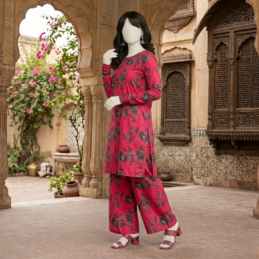 "Woman wearing a premium cotton-silk unstitched 2-piece suit with vibrant floral prints from ZH2 Store."