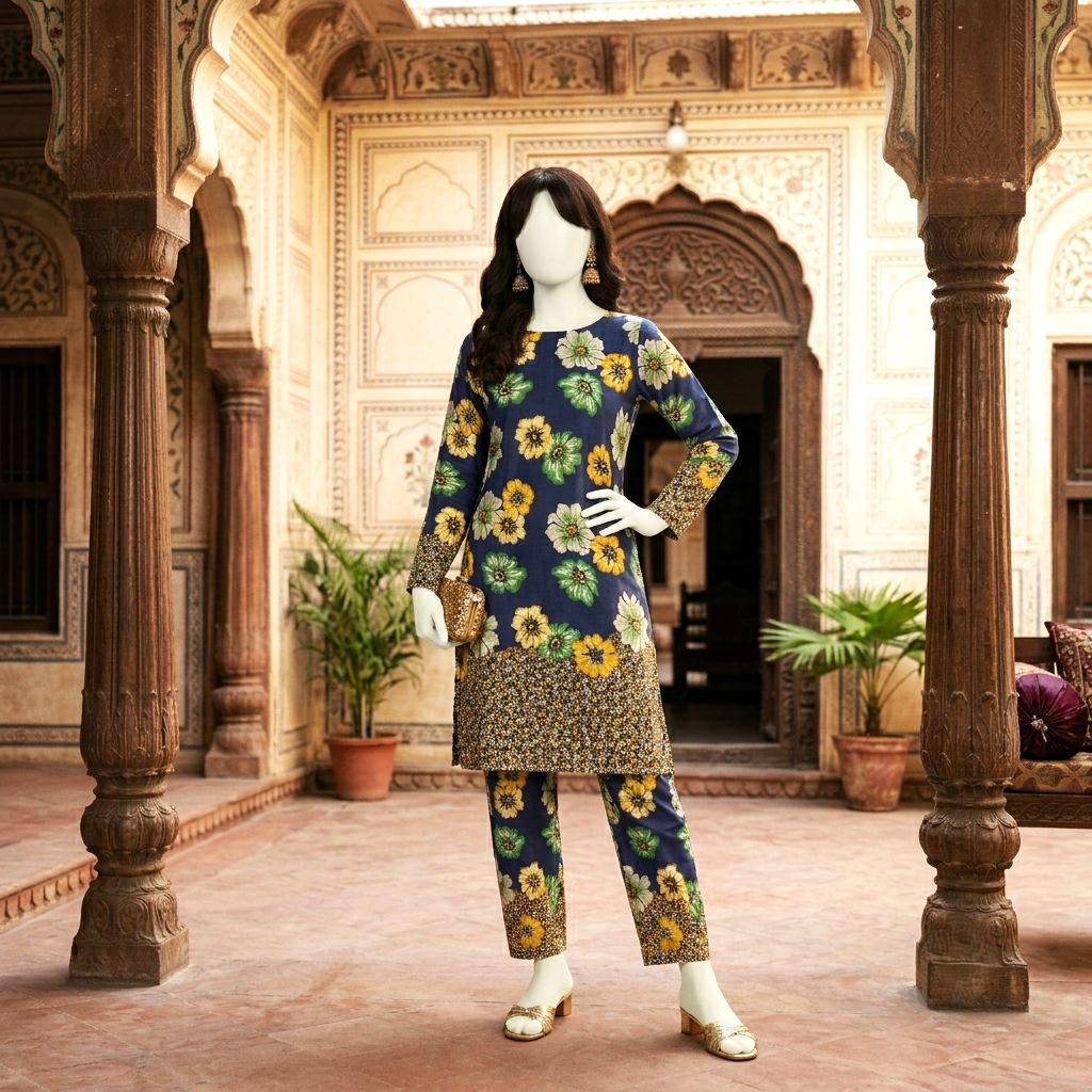 Mannequin showcasing a navy blue floral print 2-piece unstitched suit with decorative chunri hemline, studio photography.