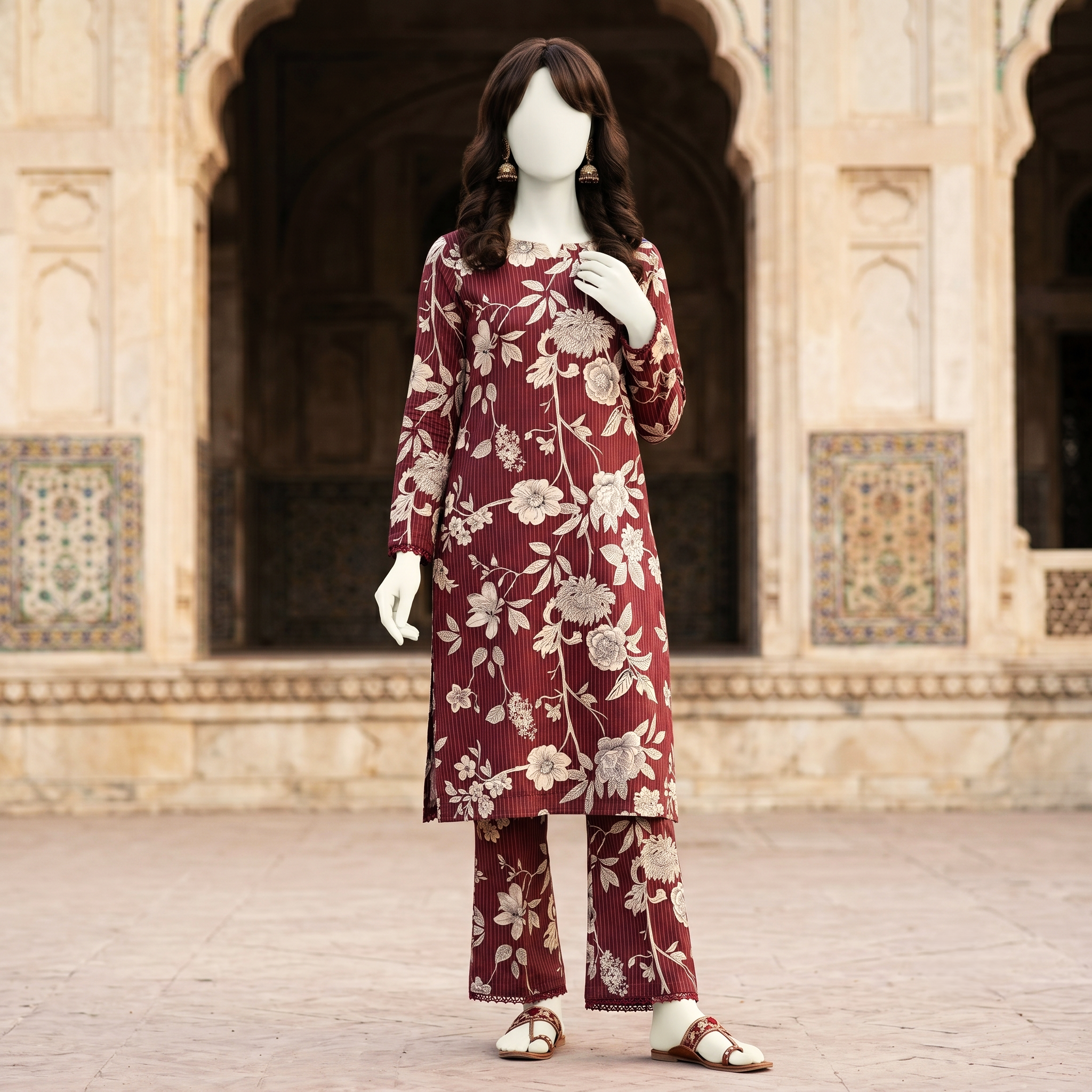Full length of 4.3-meter cotton silk unstitched fabric for shirt and trousers, floral pattern.