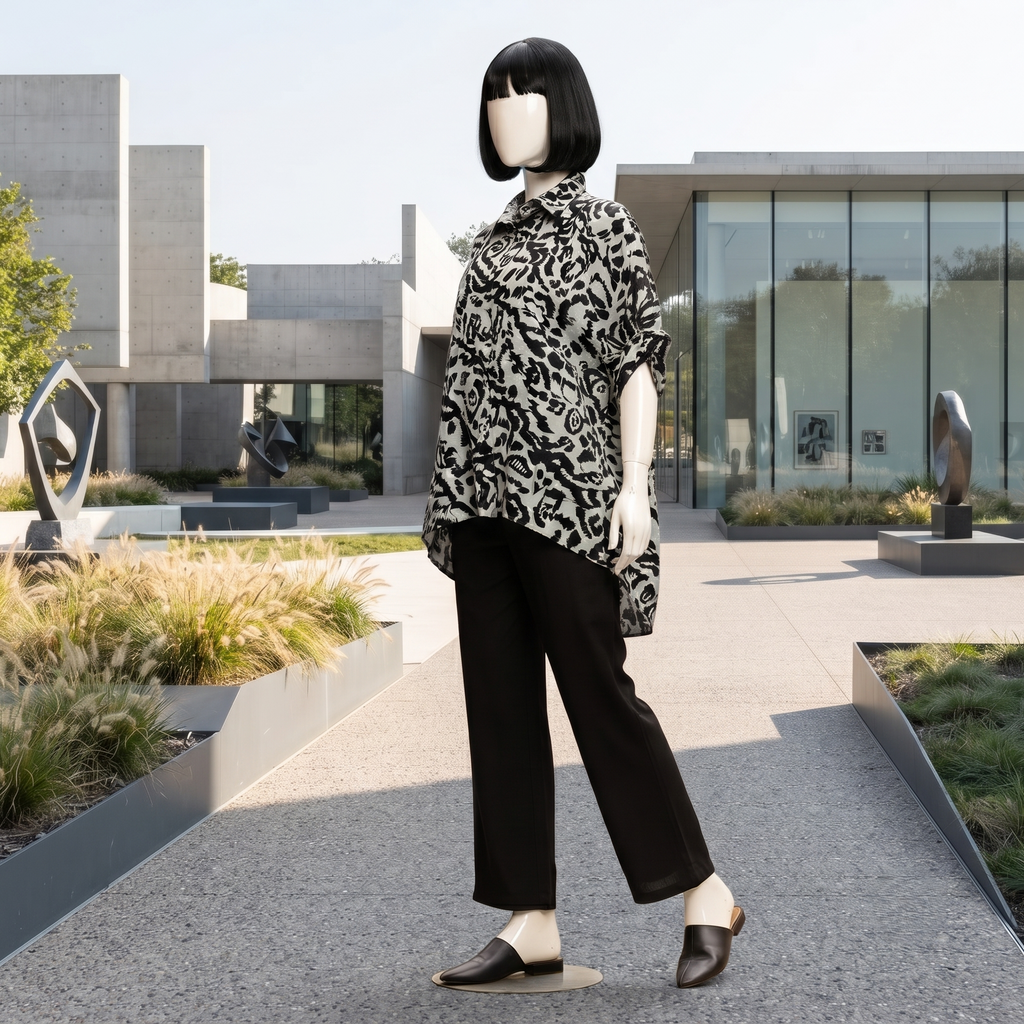 Trendy black and white abstract print baggy shirt, worn by a mannequin in a bright outdoor environment.