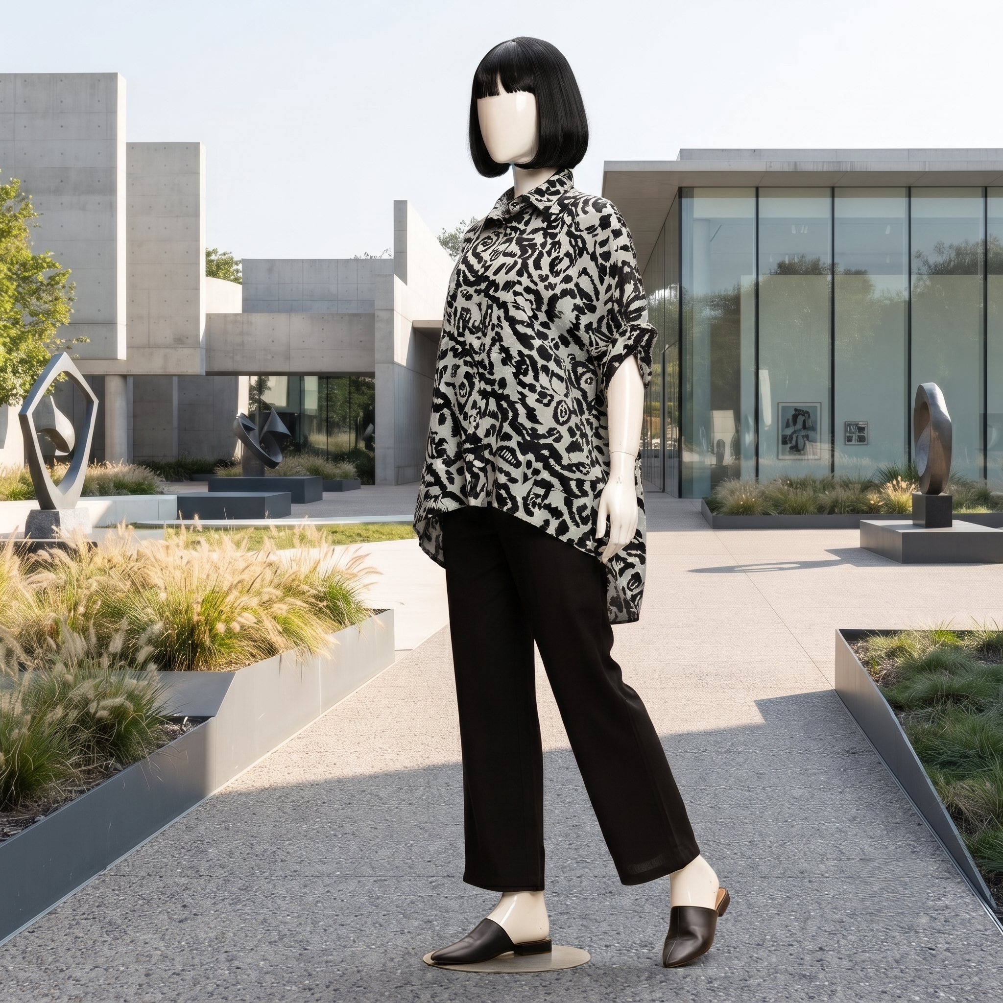 Trendy black and white abstract print baggy shirt, worn by a mannequin in a bright outdoor environment.