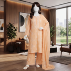 Elegant 3-piece unstitched lawn suit with colorful intricate embroidery on the shirt and trousers, paired with a matching embroidered dupatta, displayed on a mannequin.