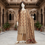 ZH2 Store 3-piece unstitched printed lawn suit featuring fine floral vine motifs on a mannequin.
