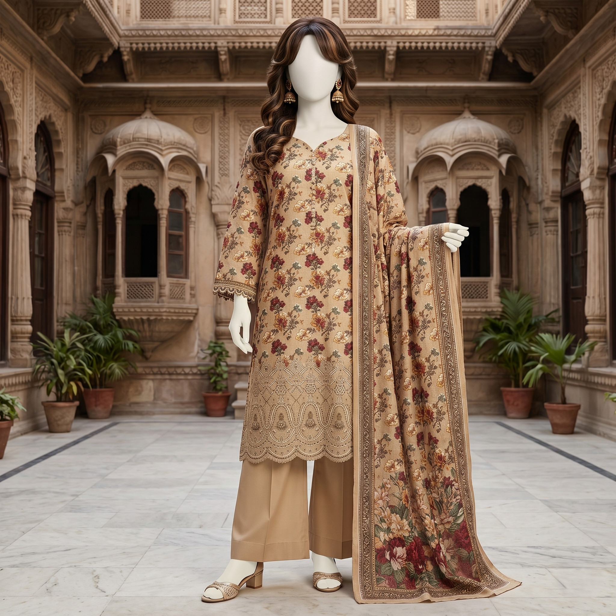 ZH2 Store 3-piece unstitched printed lawn suit featuring fine floral vine motifs on a mannequin.