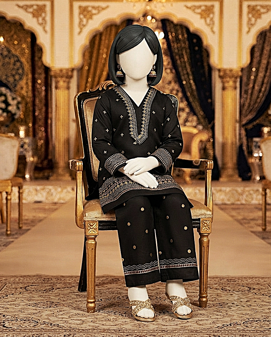 Kids embroidered black lawn suit showcased on a mannequin seated in an ornate traditional setting