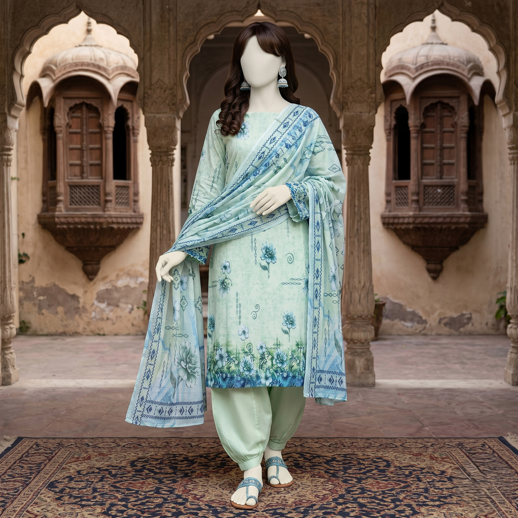 ZH2 Store 3-piece unstitched printed lawn suit with floral patterns on a mannequin.