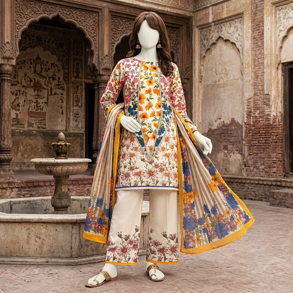 A mannequin seated, highlighting a vibrant multi-colored floral printed 3-piece unstitched lawn suit.