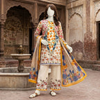 A mannequin seated, highlighting a vibrant multi-colored floral printed 3-piece unstitched lawn suit.