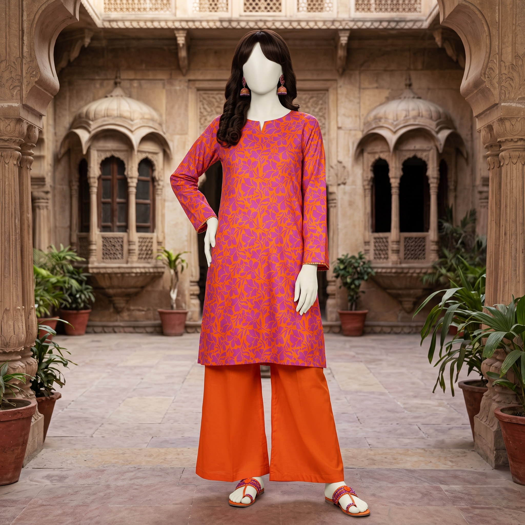 Mannequin displaying an energetic orange and pink floral print 2-piece unstitched lawn suit set at ZH2 Store.