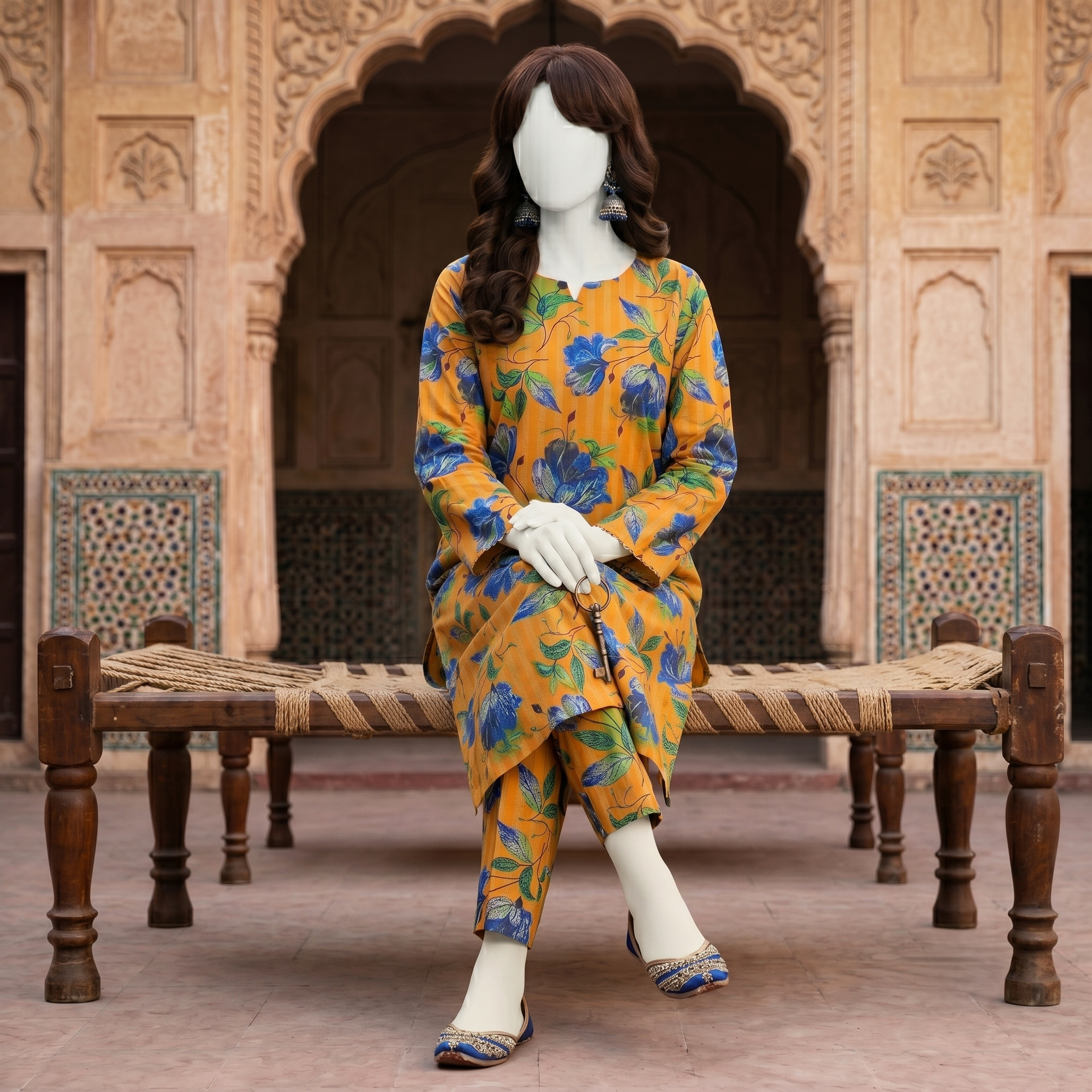 ZH2 Store premium 2-piece unstitched cotton silk suit with floral print.