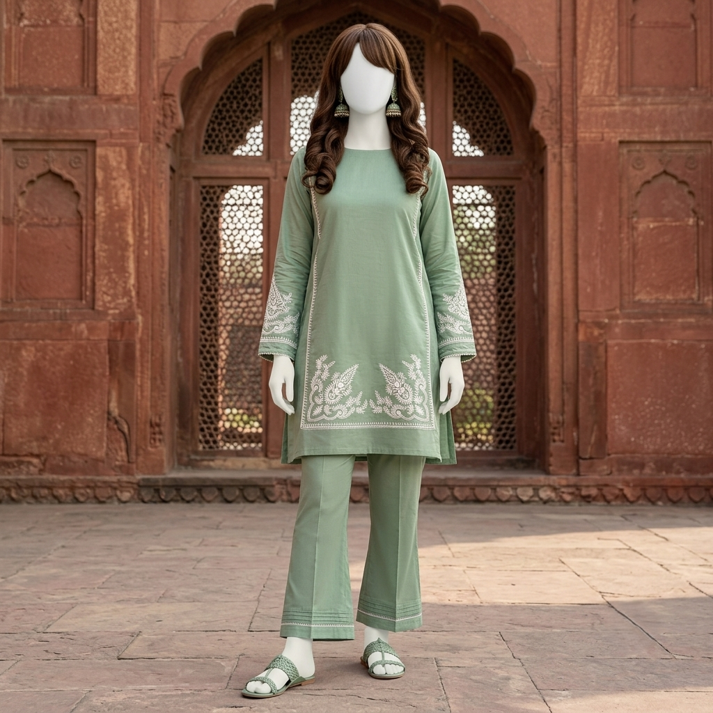 Premium 2-piece embroidered unstitched lawn suit collection by ZH2 Store, featuring a 1.2-meter embroidered shirt and 2.2-meter trouser fabric with intricate ethnic designs displayed on a mannequin.