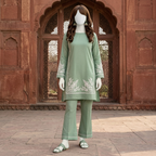 Premium 2-piece embroidered unstitched lawn suit collection by ZH2 Store, featuring a 1.2-meter embroidered shirt and 2.2-meter trouser fabric with intricate ethnic designs displayed on a mannequin.